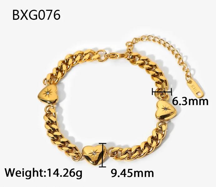 18k Gold Plated 3 Hearts Cuban Bracelet