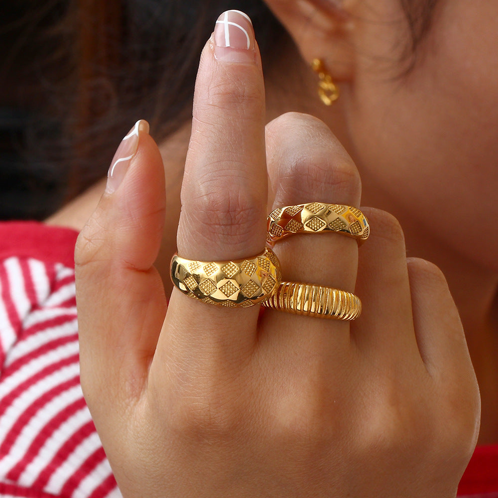 18K Gold Plated Checkered Texture Ring