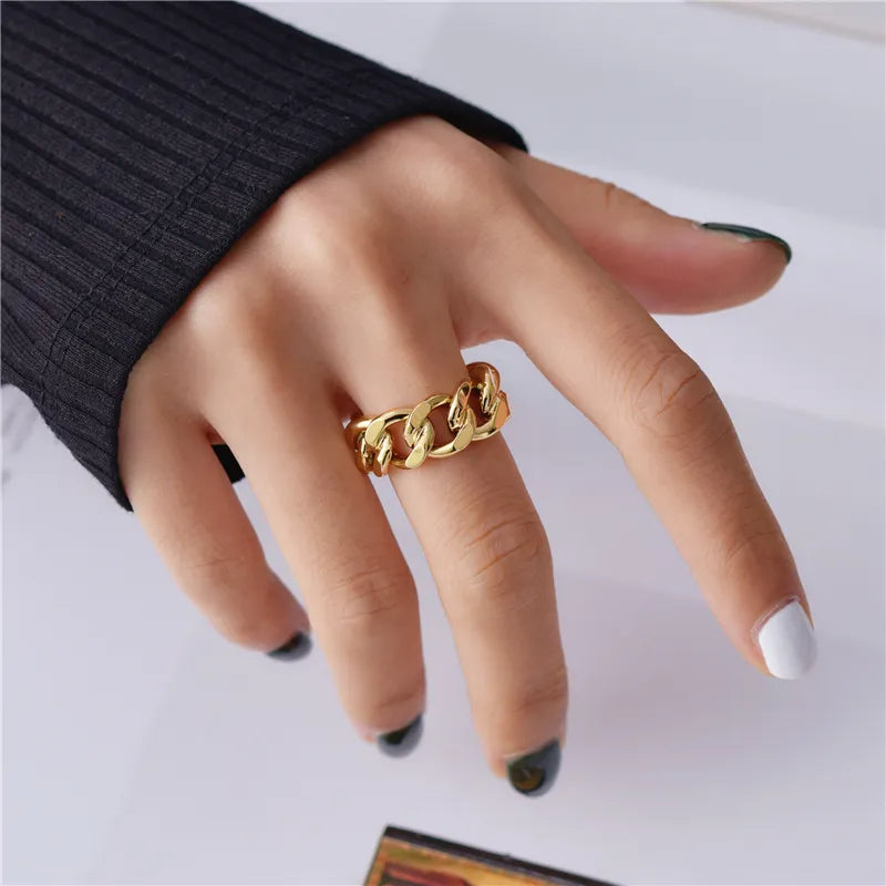 18K Gold Plated Chunky Cuban Chain Ring (Adjustable)