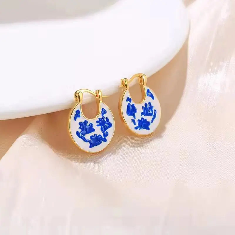 18K Gold Plated Round Porcelain Earrings