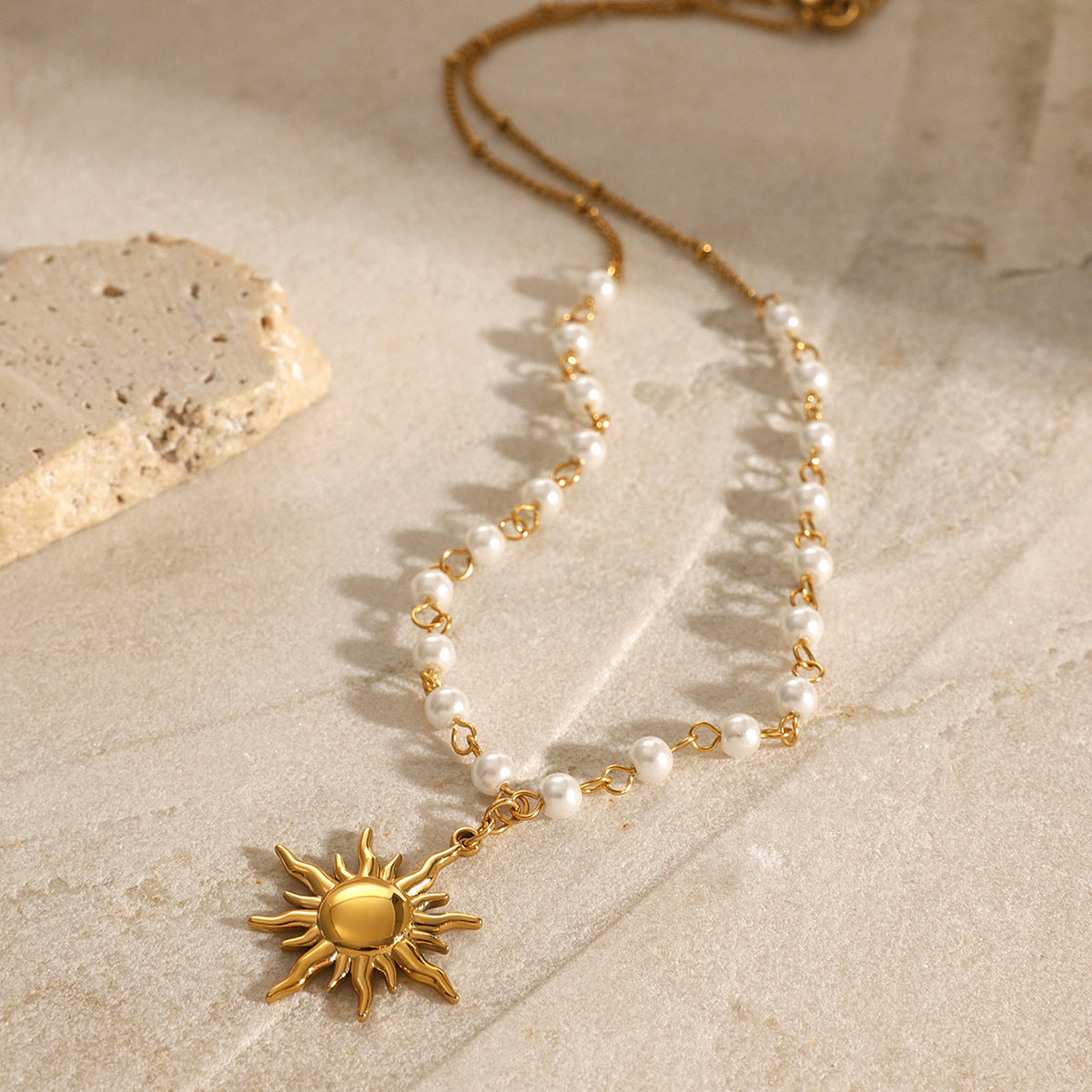 18K Gold Plated Pearl Sun Pendant Necklace