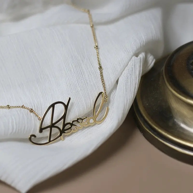 18K Gold Pated Cursive Blessed Letter Necklace