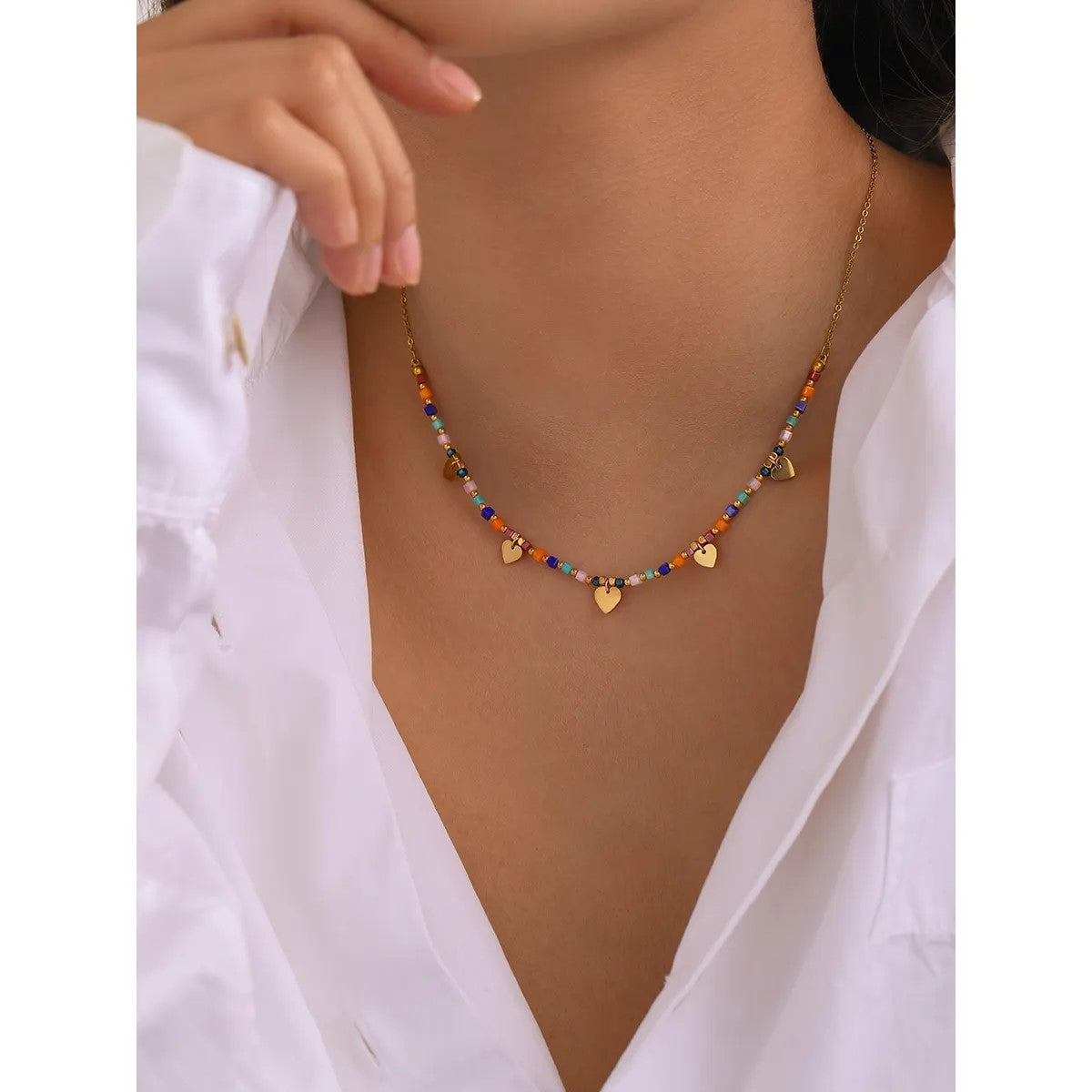 18K Gold Plated Heart Charm Beaded Necklace