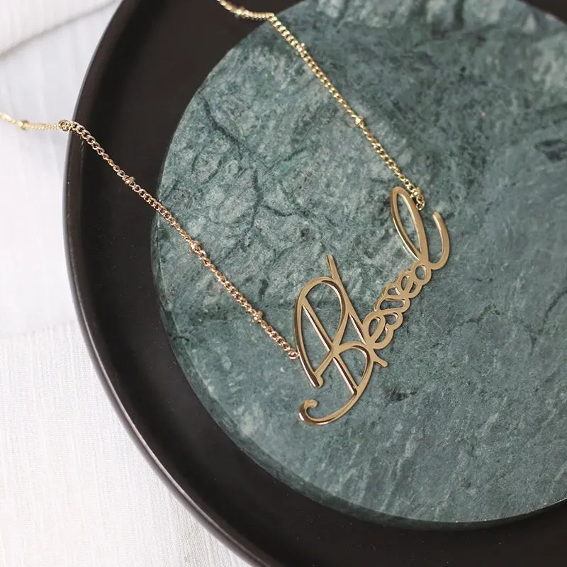 18K Gold Pated Cursive Blessed Letter Necklace