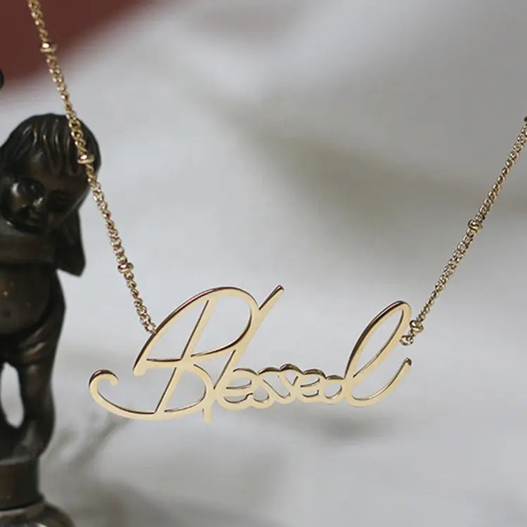 18K Gold Pated Cursive Blessed Letter Necklace