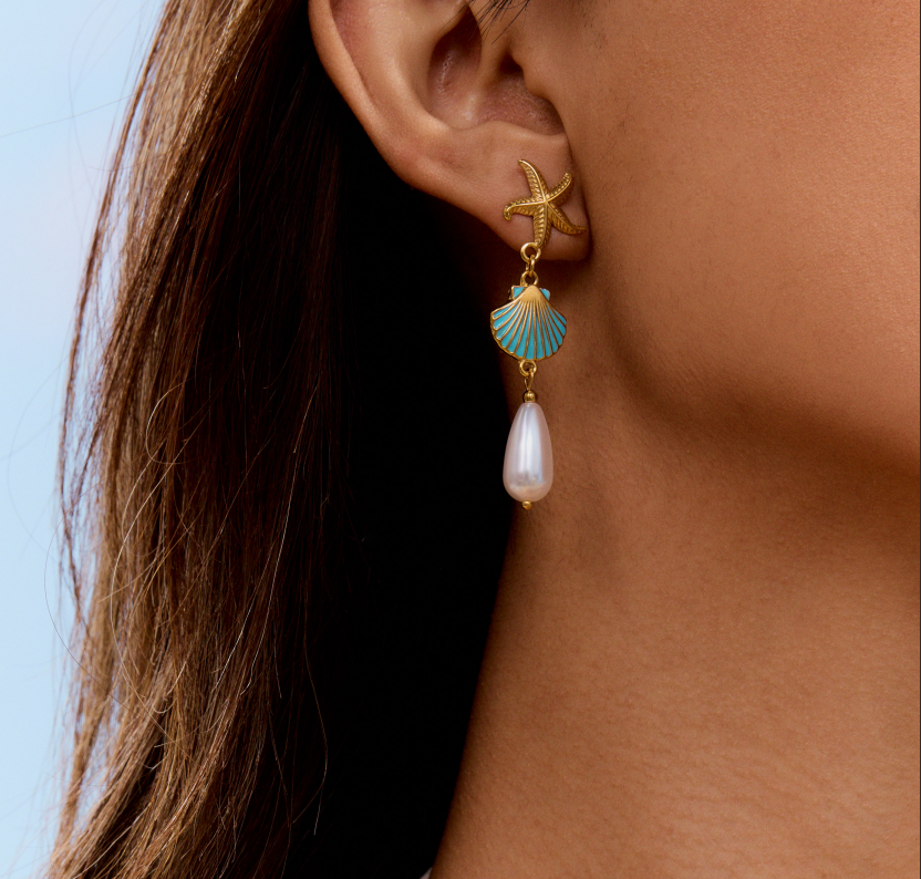 18K Gold Plated Blue-Shell Starfish Drop Earrings
