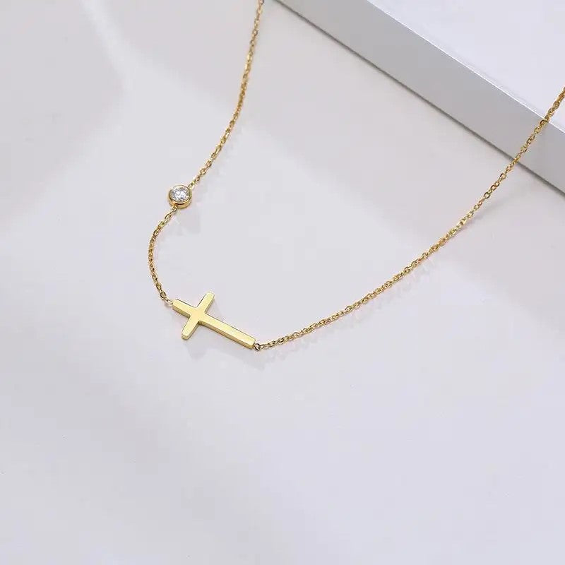 18K Gold Plated CZ Sideway Cross Necklace