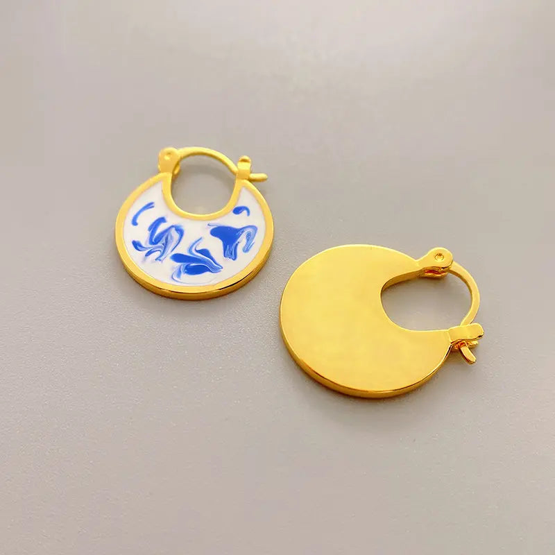 18K Gold Plated Round Porcelain Earrings
