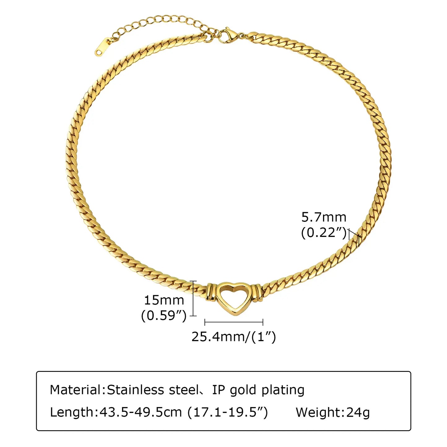 18K Gold Plate Cuban Chain Heart Choker Necklace