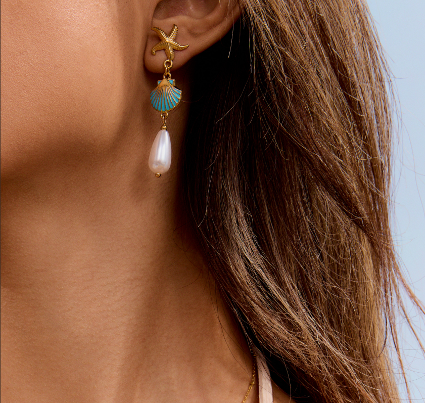 18K Gold Plated Blue-Shell Starfish Drop Earrings