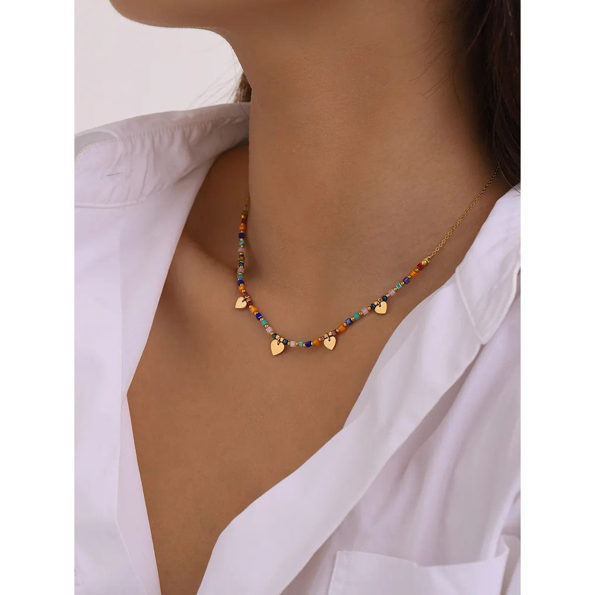 18K Gold Plated Heart Charm Beaded Necklace