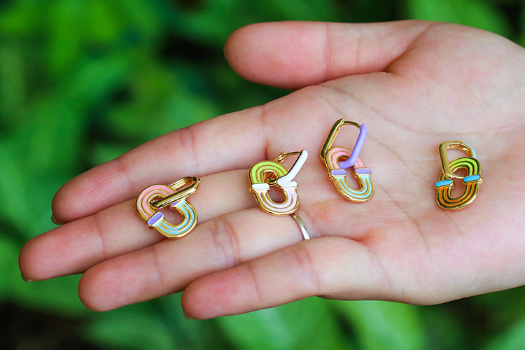 18K Gold Plate Oval Rainbow Pendant Earrings