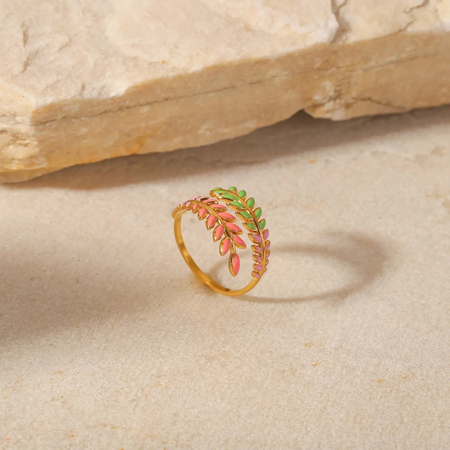 18K Gold Plated Leaf Shape Enameled (Adjustable Ring)