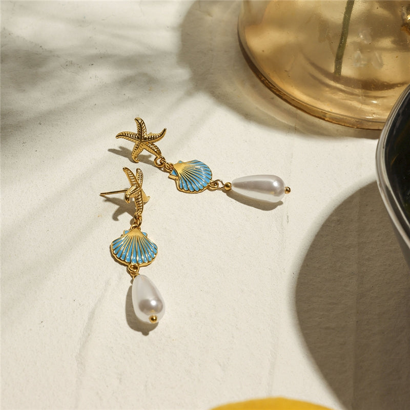 18K Gold Plated Blue-Shell Starfish Drop Earrings