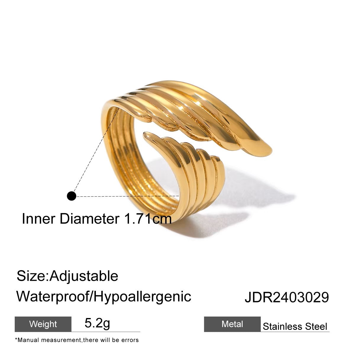 18K Gold Plated WING Open Ring (Adjustable)