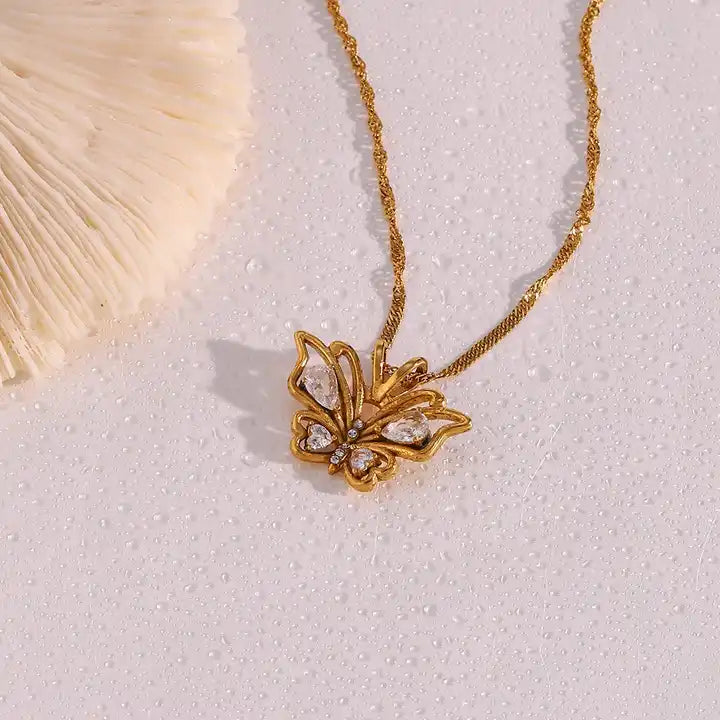 18K Gold Plated Zircon Butterfly Pendant Necklace