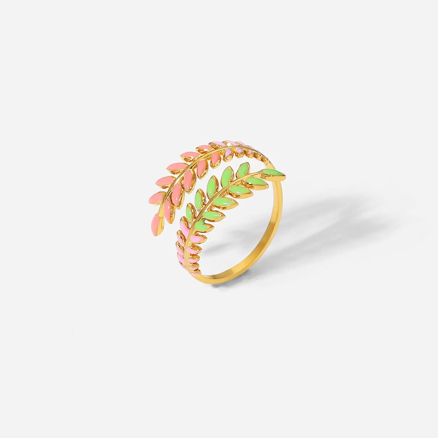 18K Gold Plated Leaf Shape Enameled (Adjustable Ring)