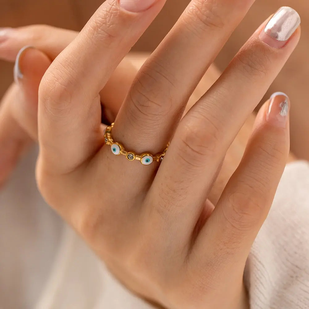 18K Gold Plated CZ Evil Eye Ring (Adjustable)