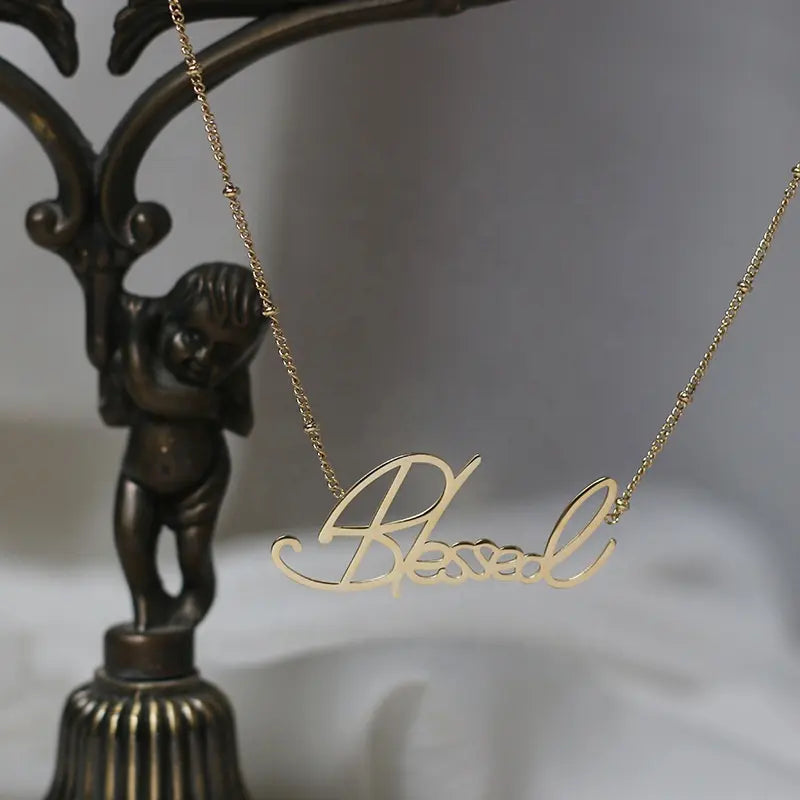 18K Gold Pated Cursive Blessed Letter Necklace