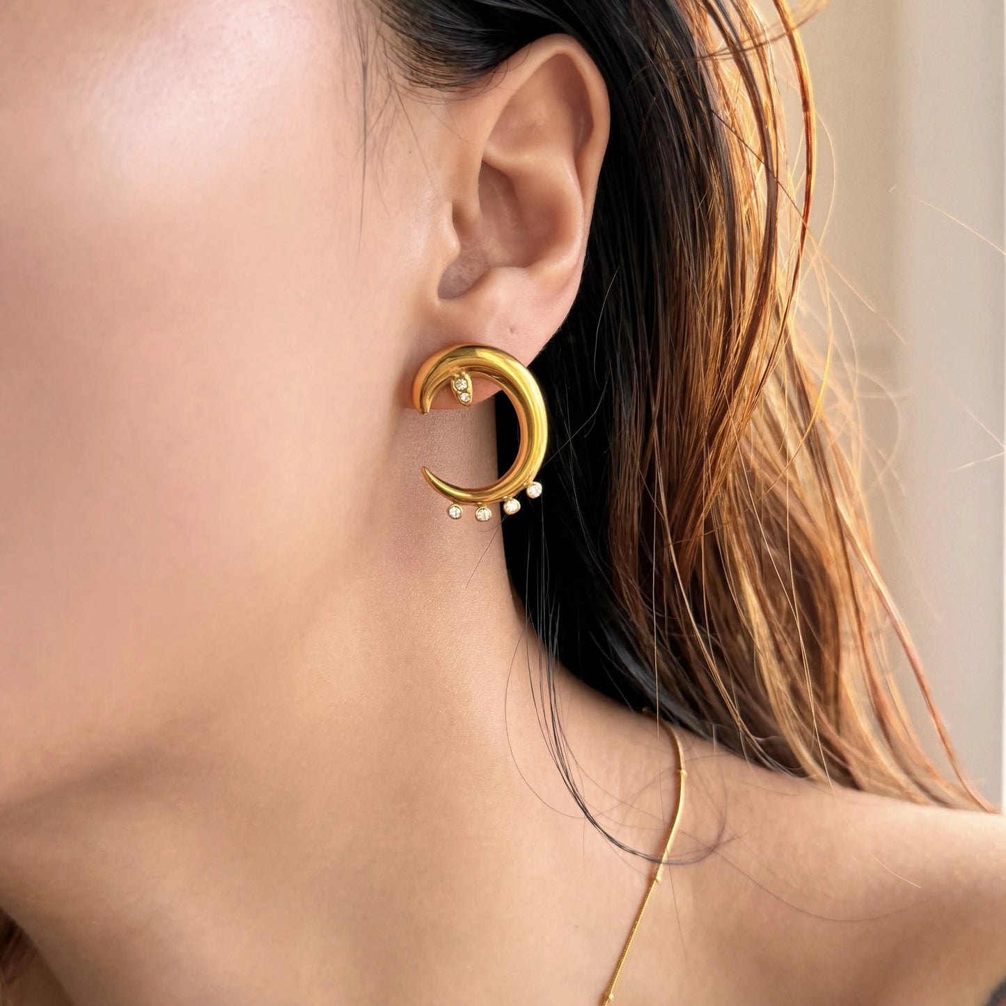 18K Gold PLated CZ Moon Stud