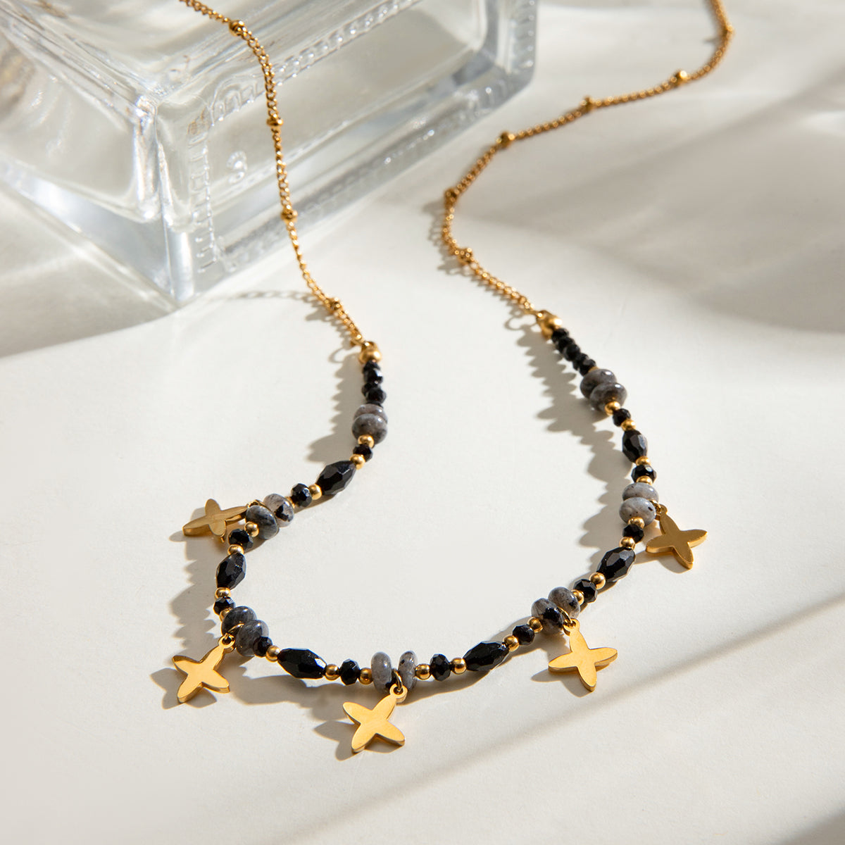18K Gold Plated Black Four-Point Star Necklace