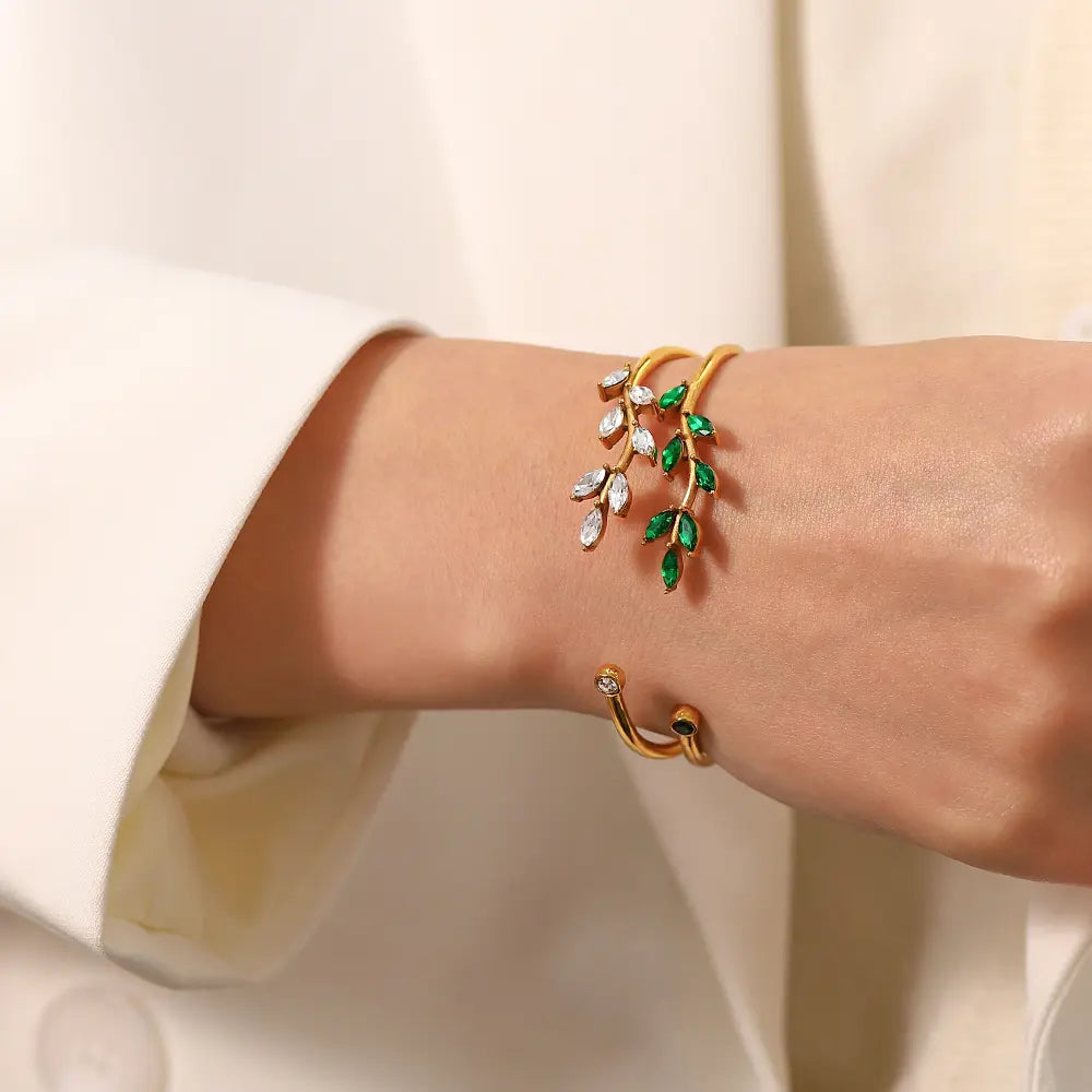 18K Gold Plated Open Bangle ZC Leaf Bracelet