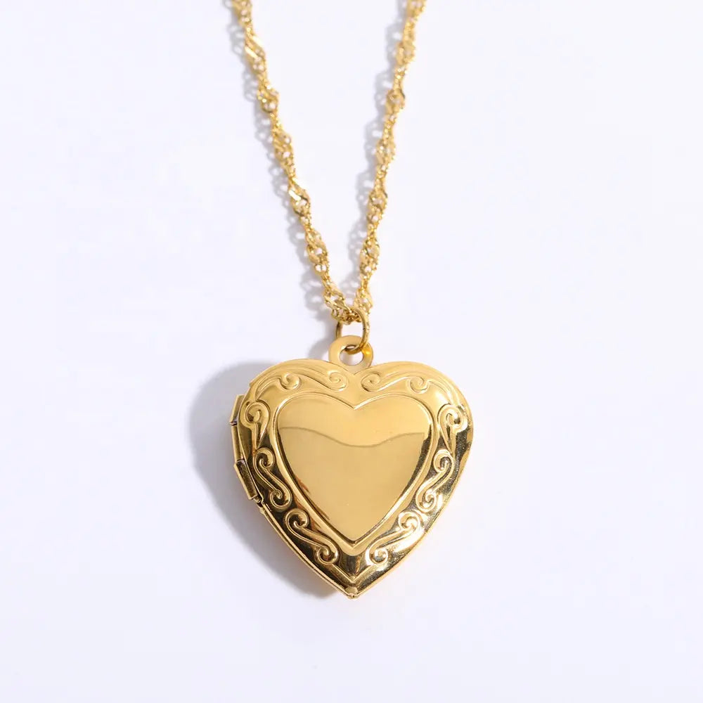 18K Gold Plated Engraved Heart Locket Necklace