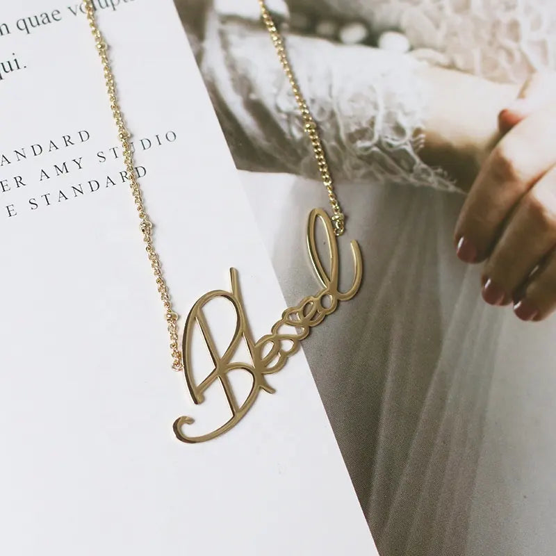 18K Gold Pated Cursive Blessed Letter Necklace