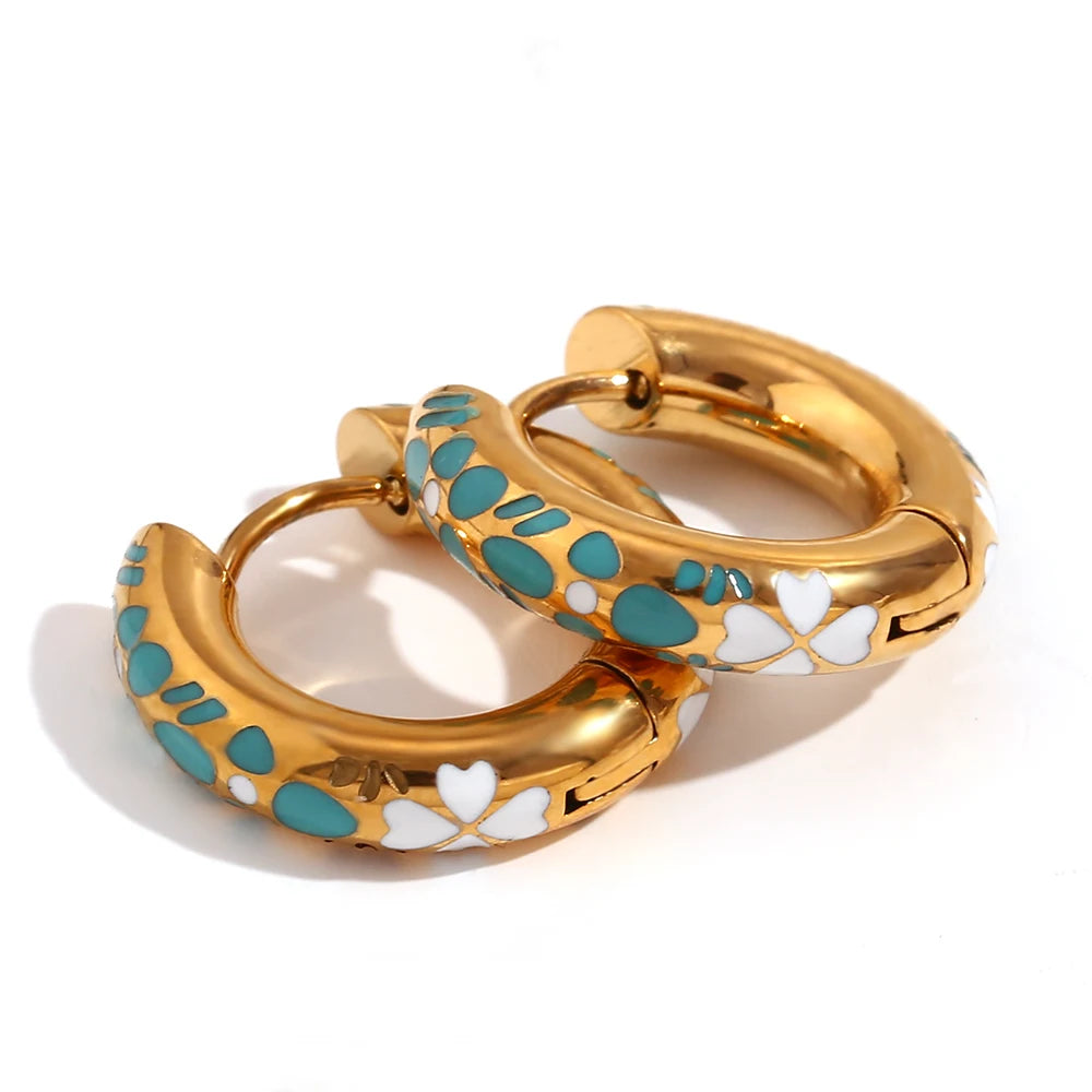 18K Gold Plate Enamel Clover Huggie