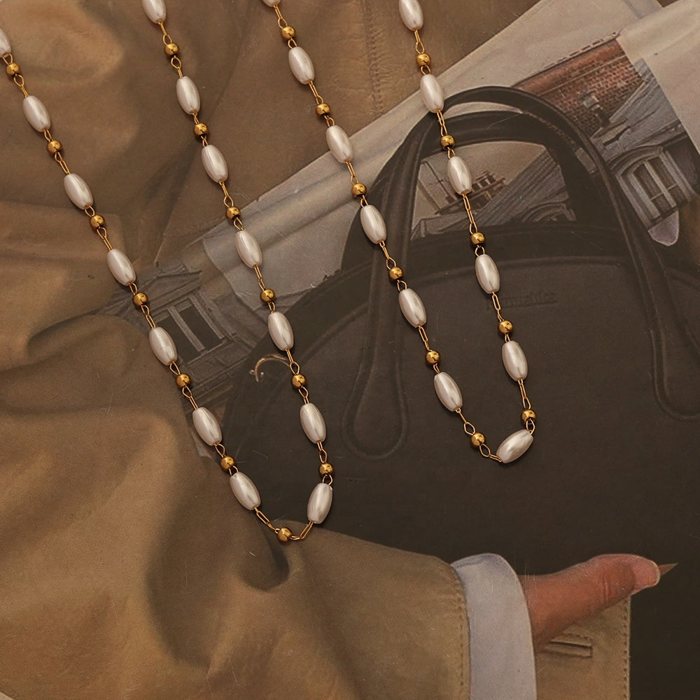 18K Gold Plated Oval Pearl Beaded Necklace