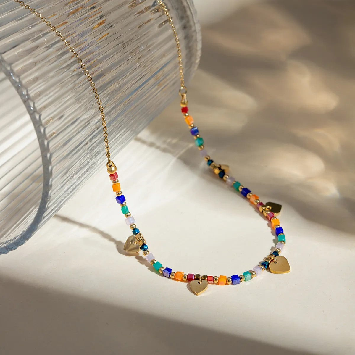 18K Gold Plated Heart Charm Beaded Necklace
