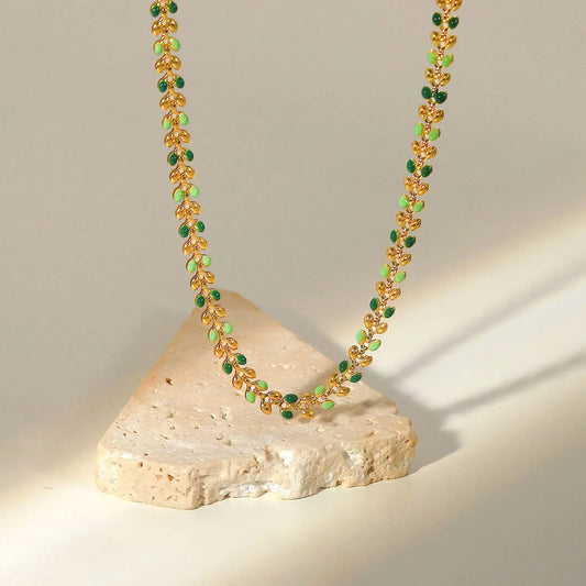 18K Gold Plated Enamel Olive Leaf Necklace