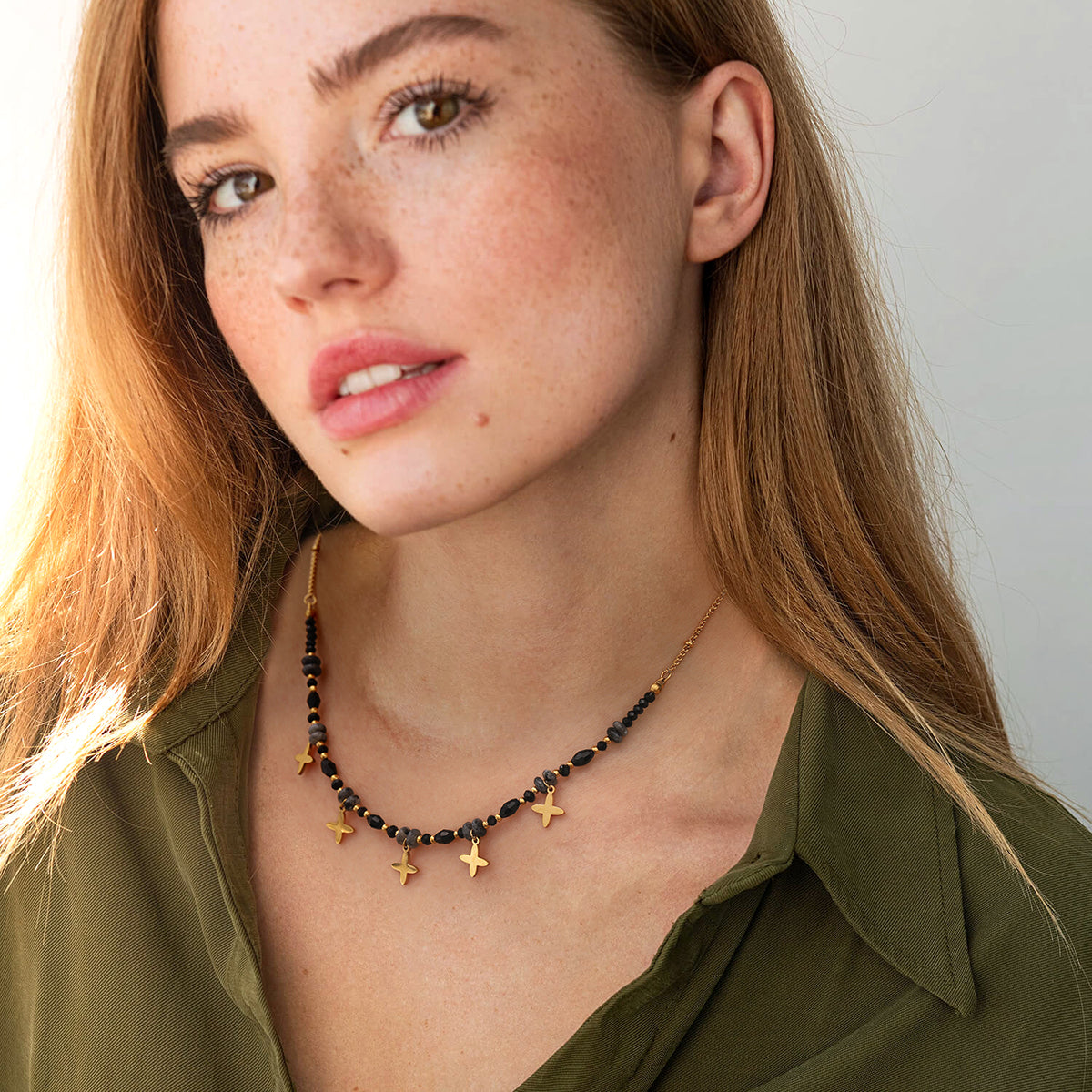 18K Gold Plated Black Four-Point Star Necklace