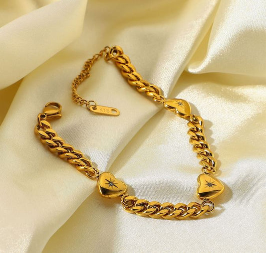 18k Gold Plated 3 Hearts Cuban Bracelet