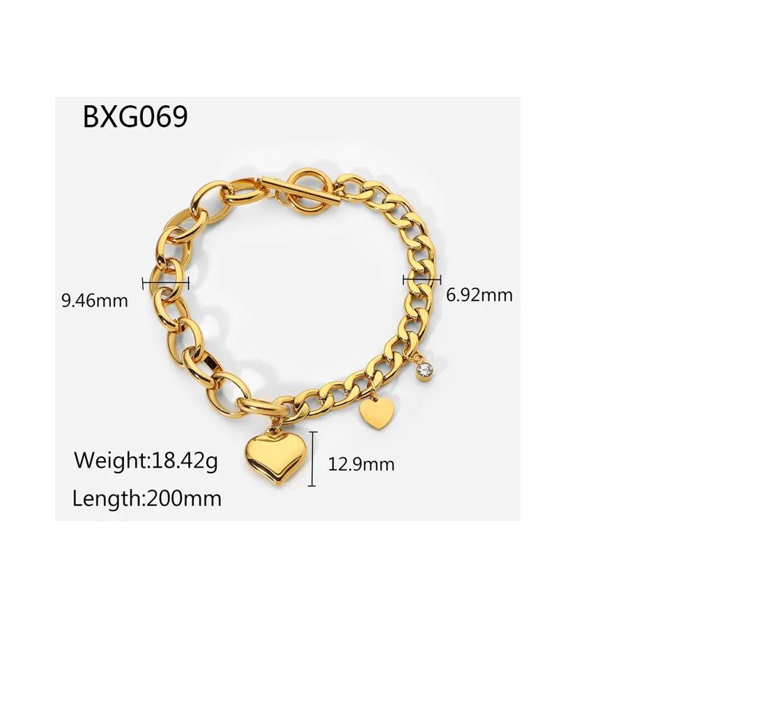 18k Gold Plated Chunky Heart Charm Cuban Bracelet