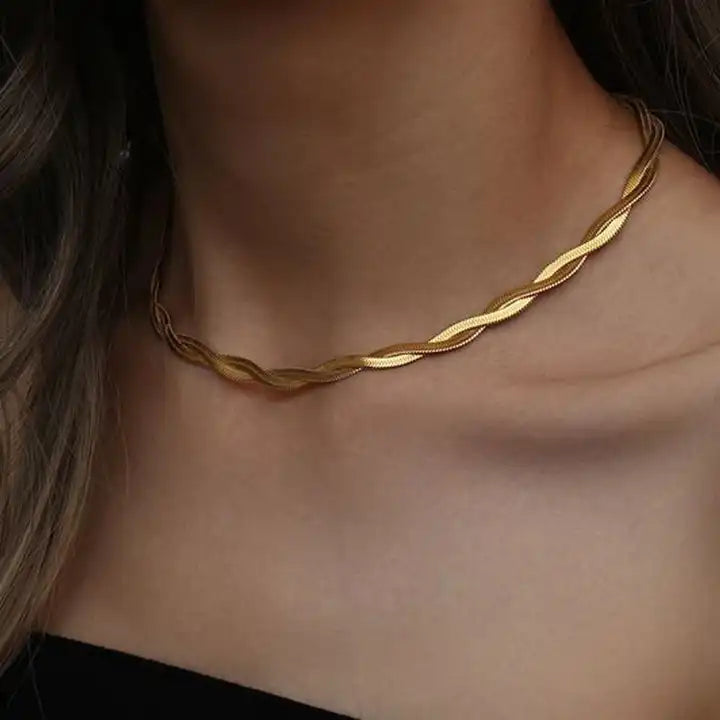 PVD 18K Gold Plated Double Twisted Herringbone Snake Chain Necklace