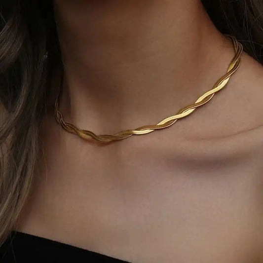 PVD 18K Gold Plated Double Twisted Herringbone Snake Chain Necklace