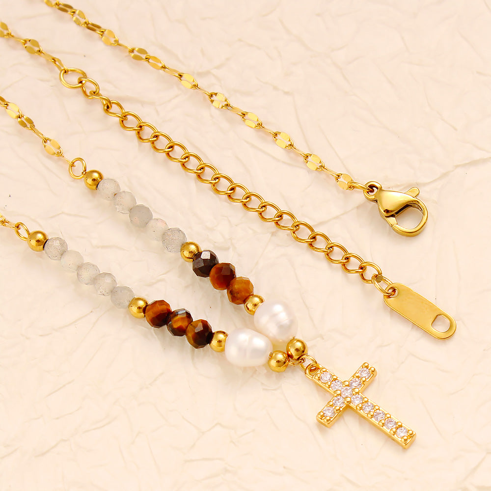 18K Gpld Plated Zirconia Cross Beaded Necklace
