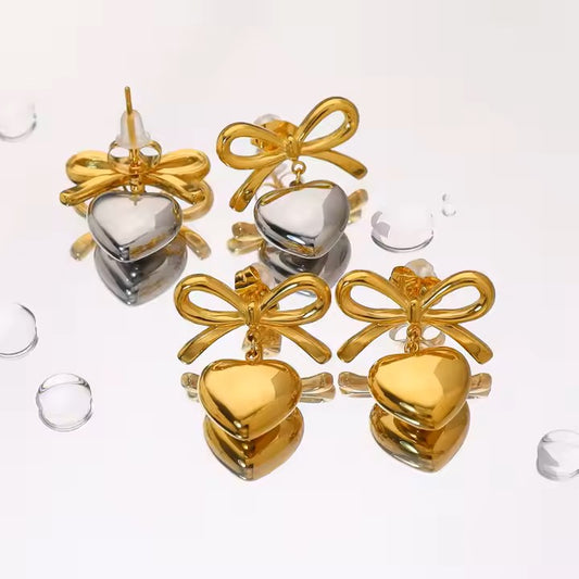 18K God Plated Heart-Bow Drop Earring