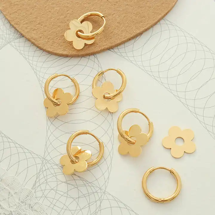 18K Gold Plated Huggie Hoop Flower Charm Geometric Earring