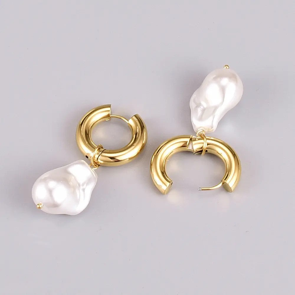 18K Gold Plated THICK HOOP Pearl Earring