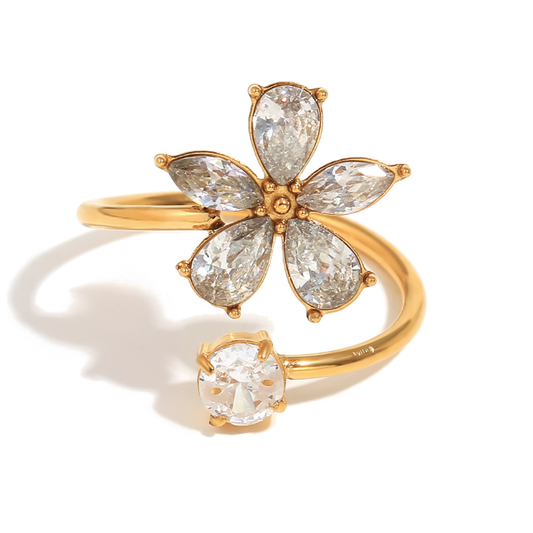 18K Gold Plated Zirconia Flower Ring (Adjustable)