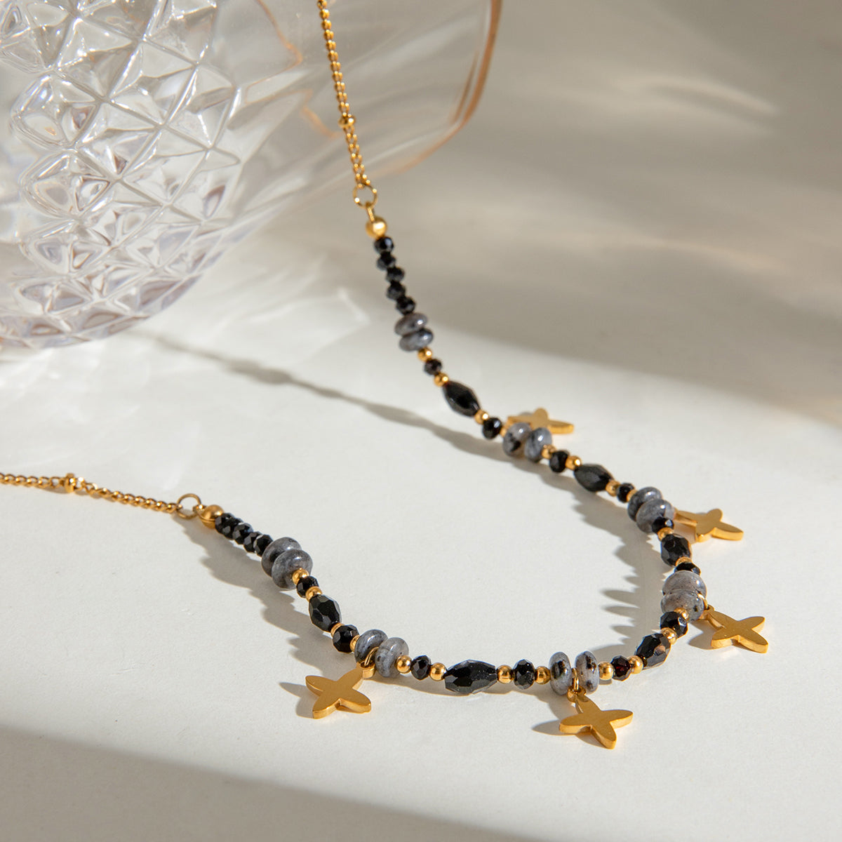18K Gold Plated Black Four-Point Star Necklace