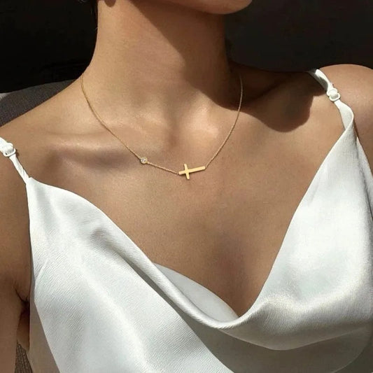 18K Gold Plated CZ Sideway Cross Necklace