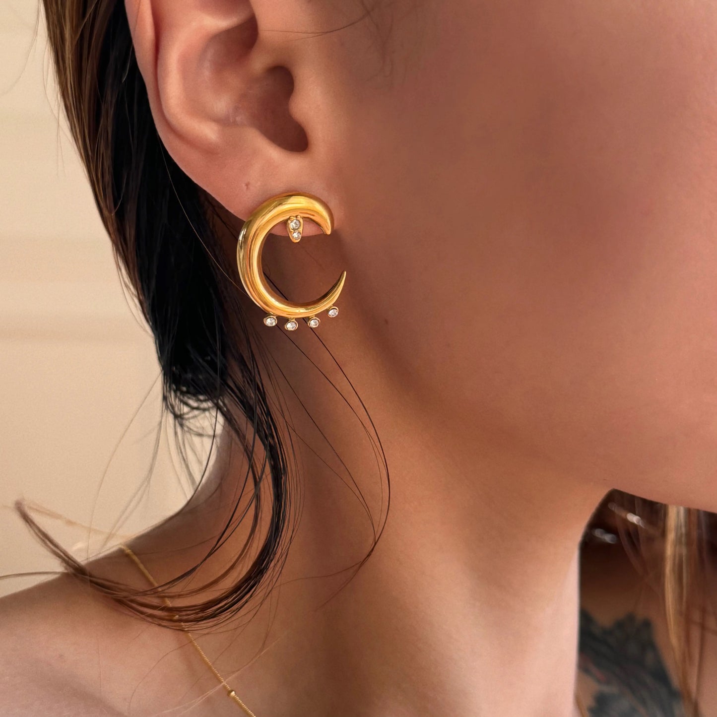 18K Gold PLated CZ Moon Stud