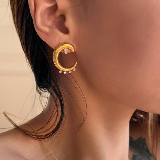18K Gold PLated CZ Moon Stud