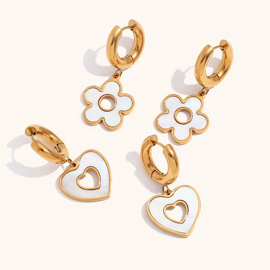 18K Gold Plated Shell Heart/Flower Pendant Earrings