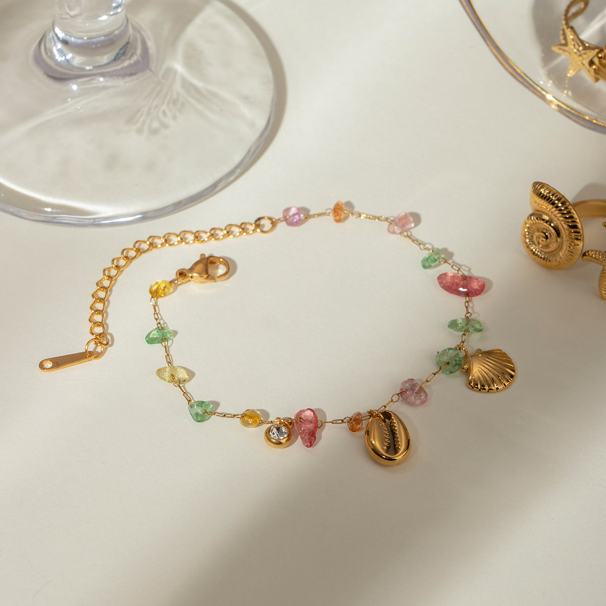 18K Gold Plated Colourful Stone Shell Pendant Bracelet