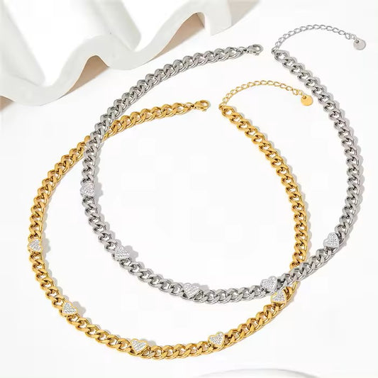 14K Gold Plated Heart Charm Cuban Choker Necklace