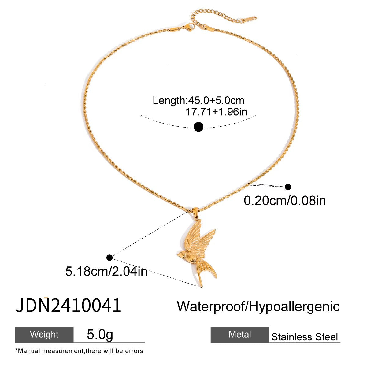 18K Gold Plated Dove-Pendant Rope Necklace